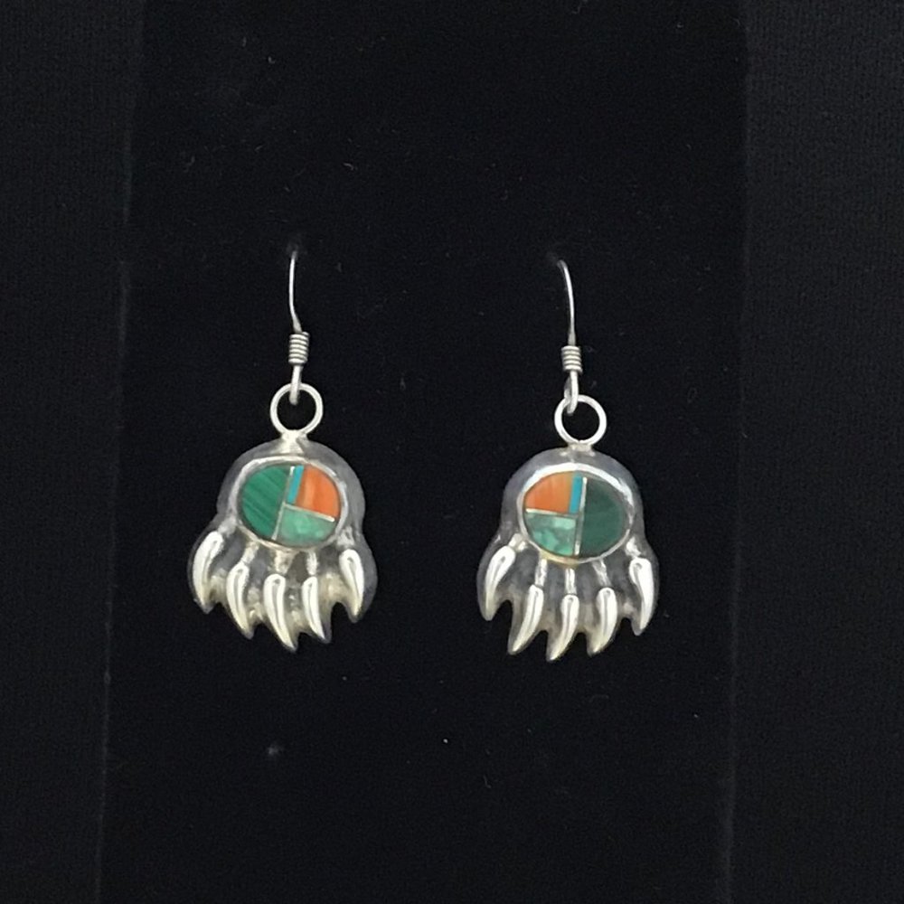 Vintage Navajo Sterling Silver Bear Claw Inlay Earrings Signed GB
